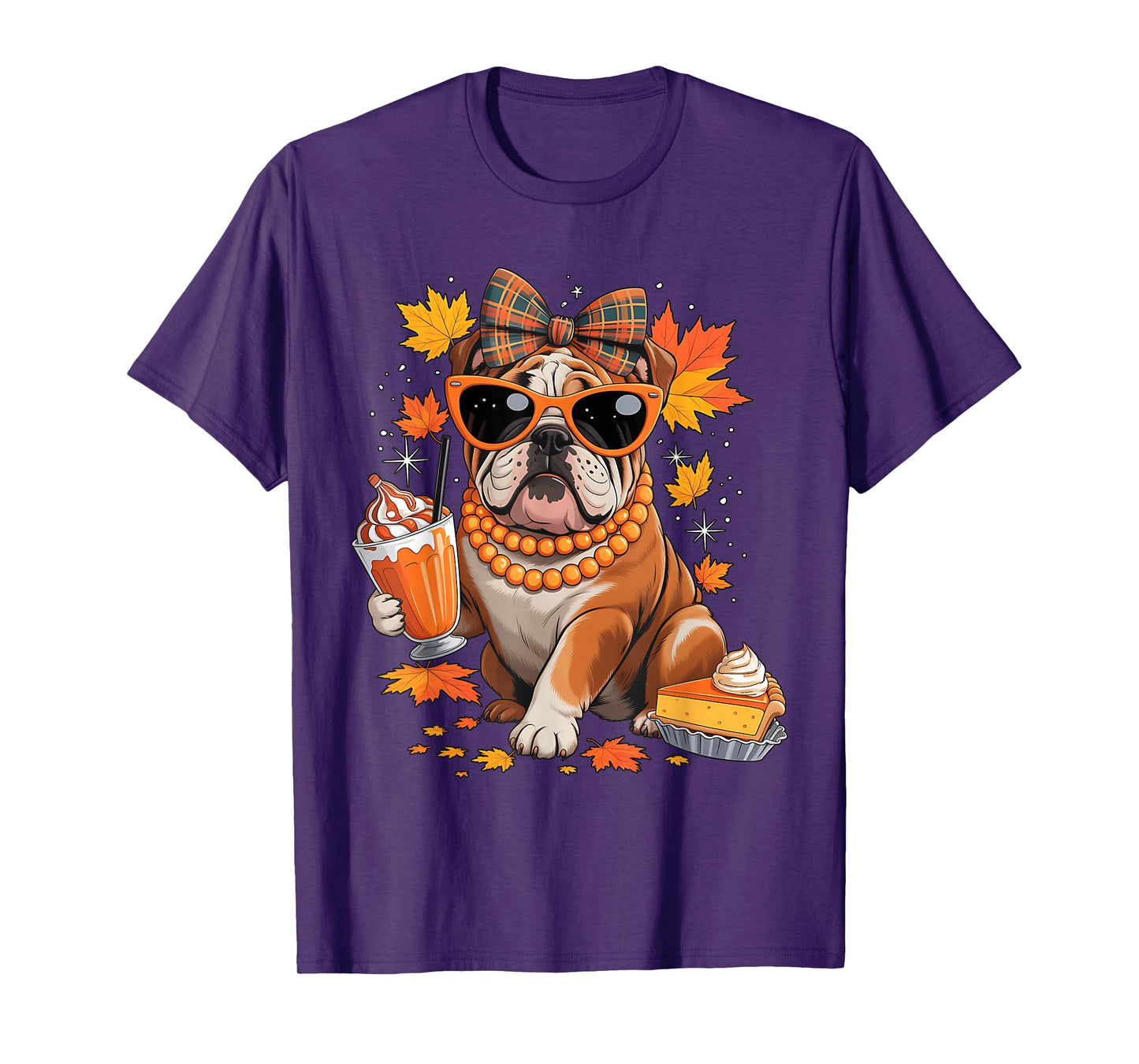 English Bulldog Bow Girls Fall Autumn Leaves Thanksgiving T-Shirt
