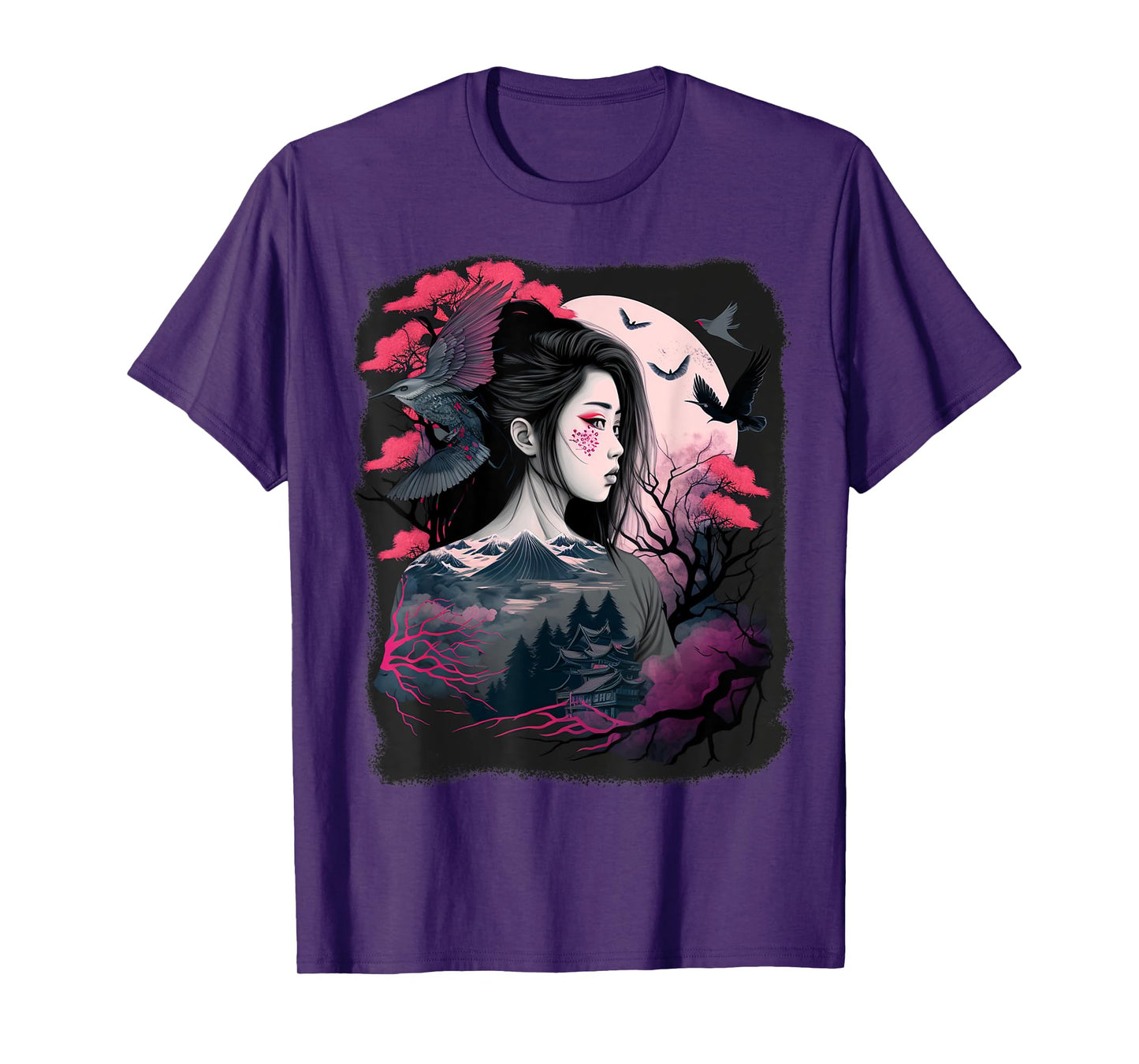 Japanese Samurai Girl Sakura Cherry Blossom Aesthetic Moon T-Shirt