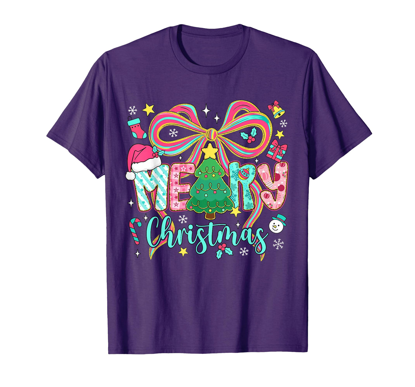Preppy Merry Christmas Coquette Bow Pink Christmas Tree Girl T-Shirt