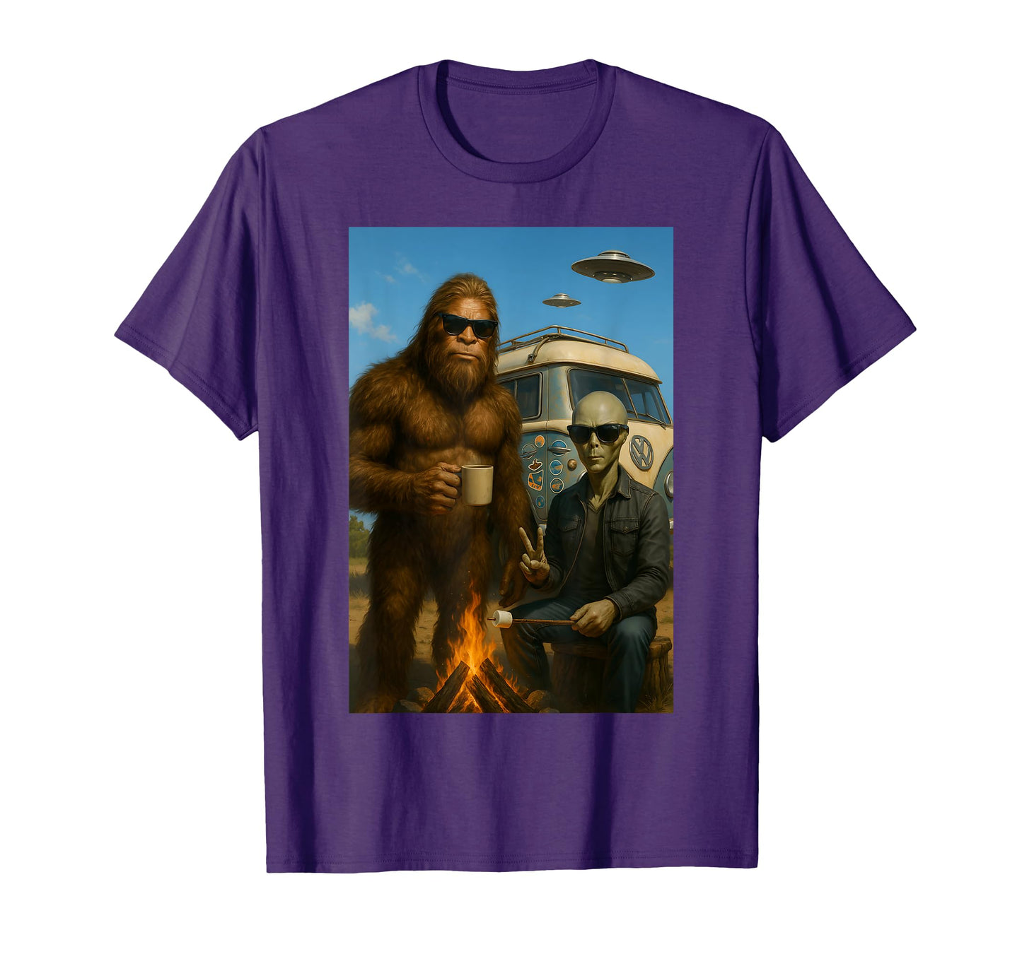Bigfoot and Alien Camping with UFO T-Shirt
