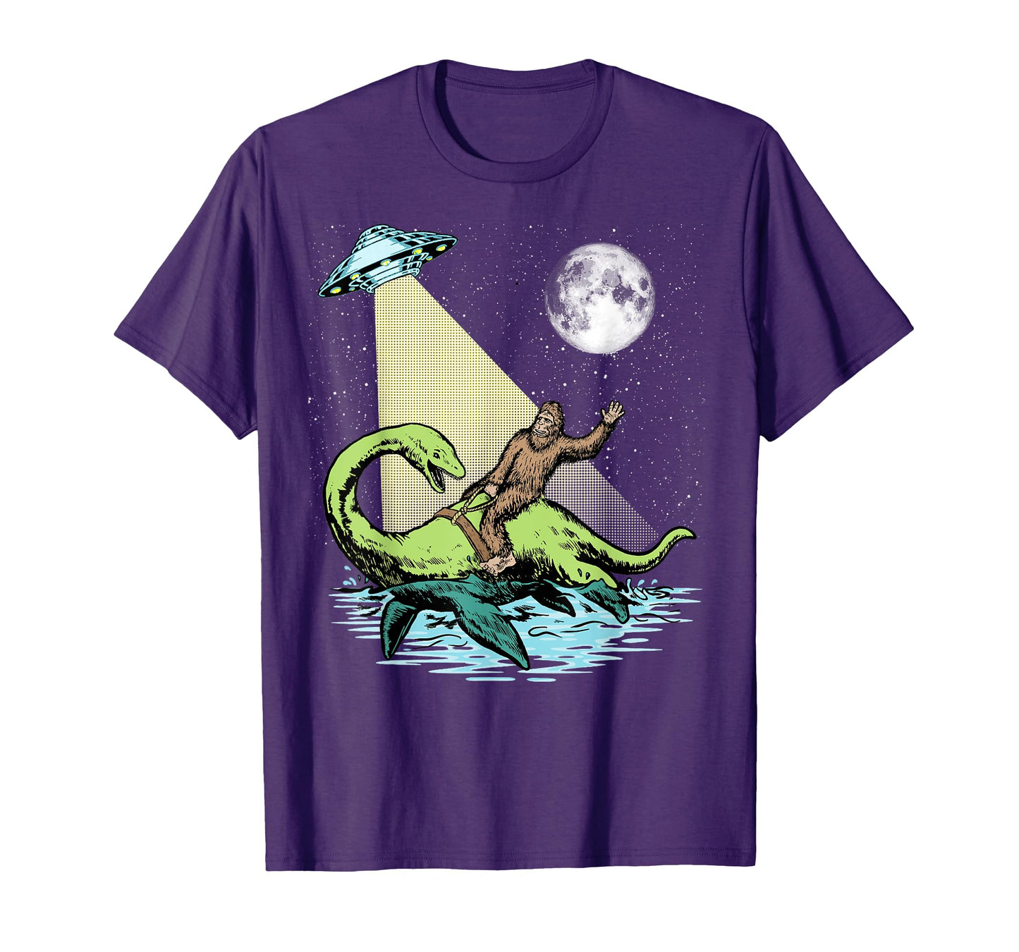 Bigfoot Riding Nessie & UFO Aliens At Night Funny Retro T-Shirt