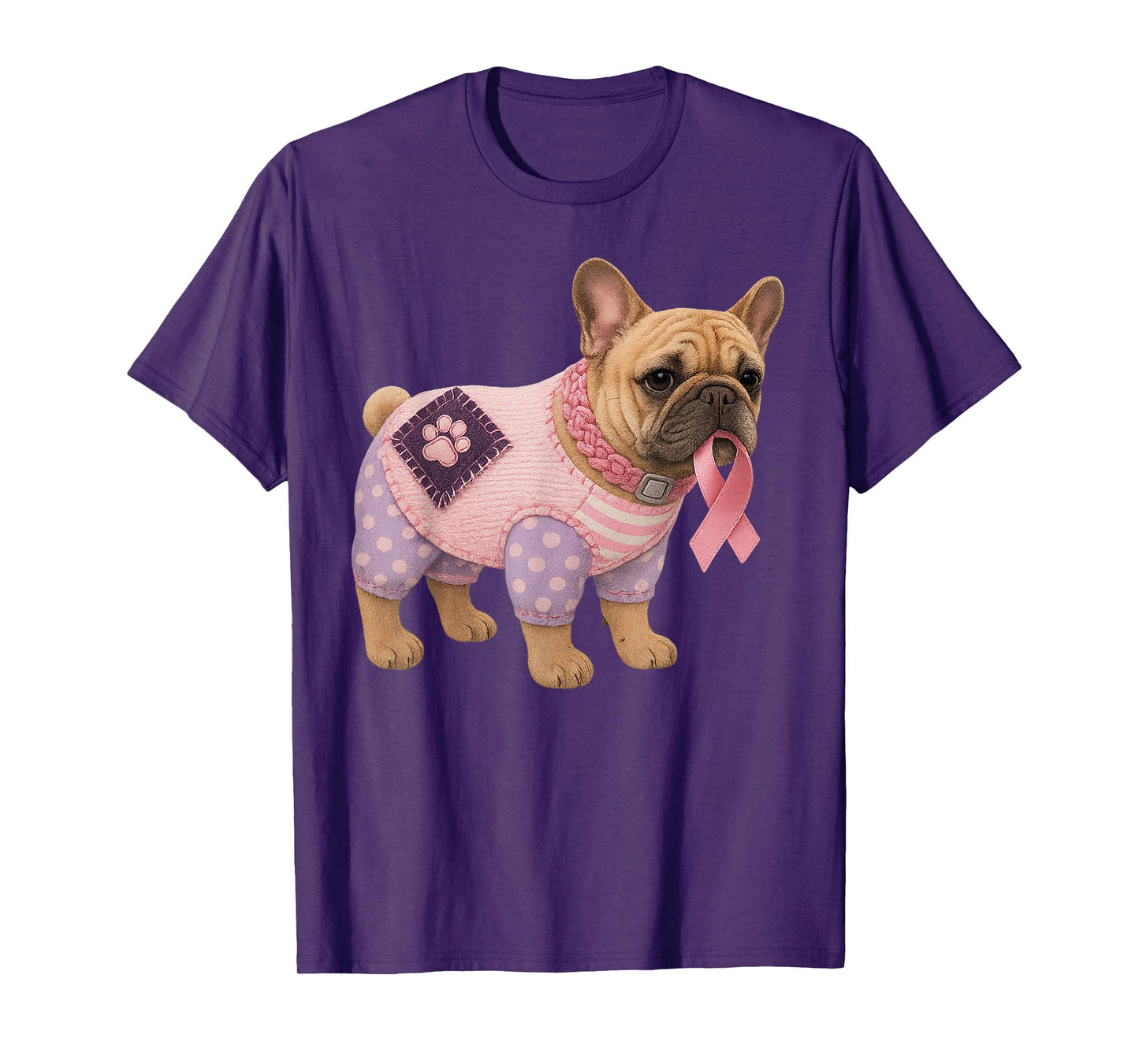 French Bulldog Pink Ribbon Breast Cancer Pattern Felt Art T-Shirt