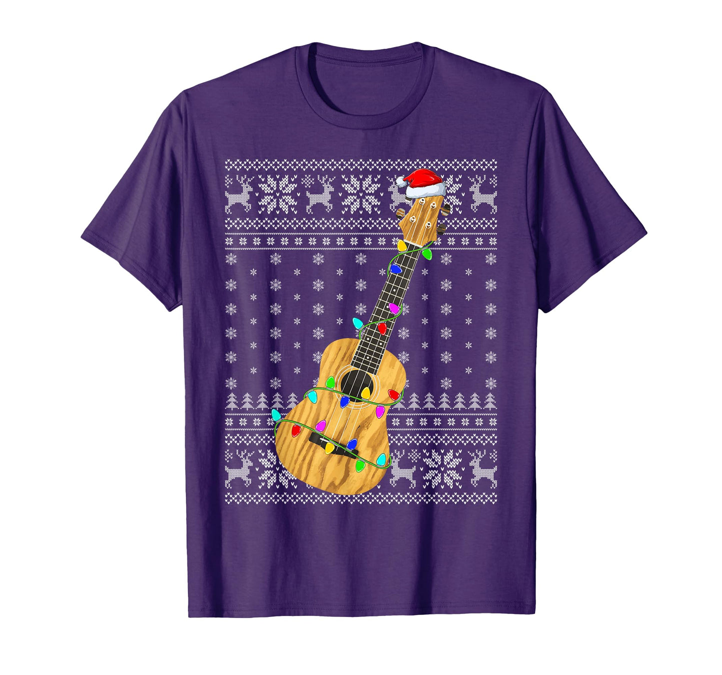 Ugly Sweater Xmas Lights Santa Hat Musical Ukulele Christmas T-Shirt