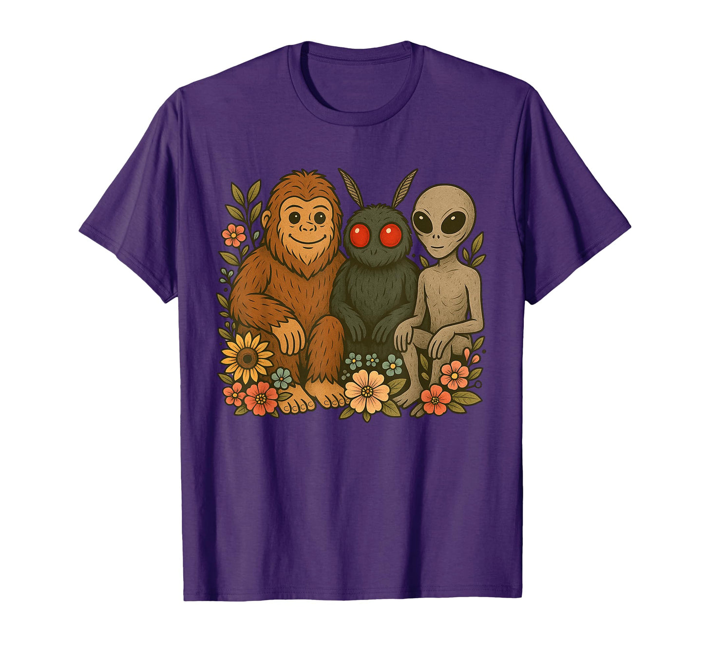 Cute Mothman Alien And Bigfoot Cryptid Friends Floral Art T-Shirt