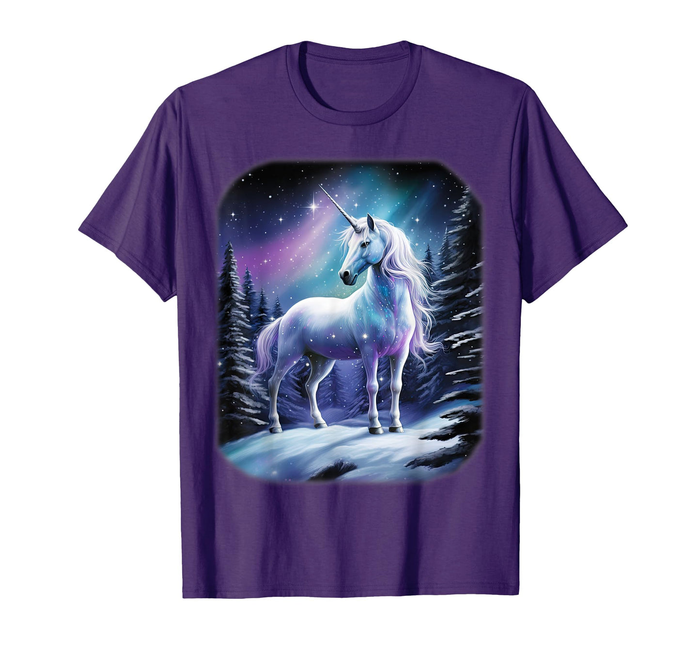 Fantasy white Unicorn standing in the snowy forest T-Shirt
