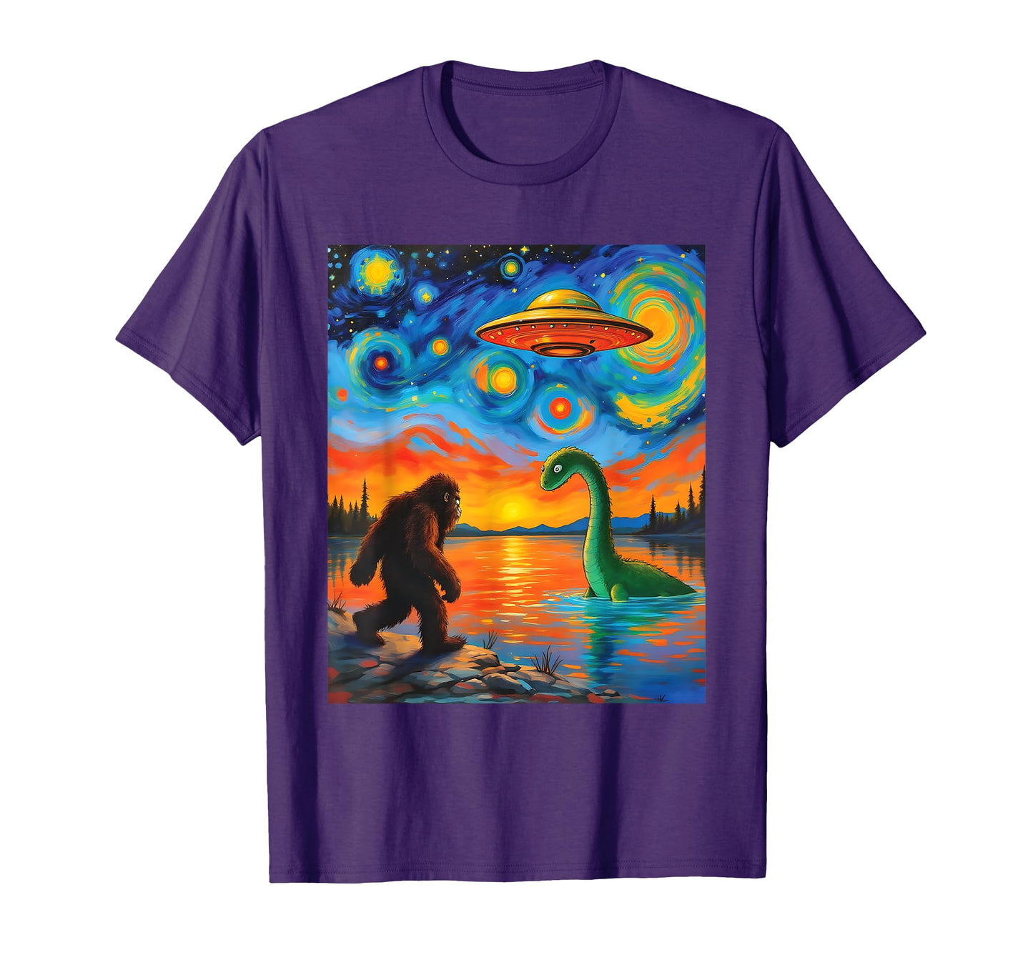 Bigfoot UFO Alien Encounter Van Gogh Starry Night Mystery T-Shirt