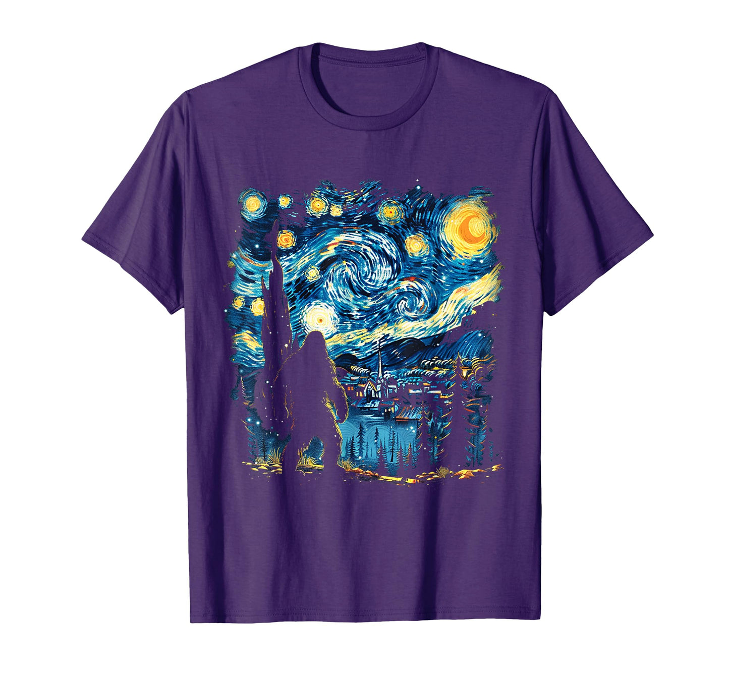 Funny Bigfoot Starry Night Sasquatch Van Gogh Sky Painting T-Shirt