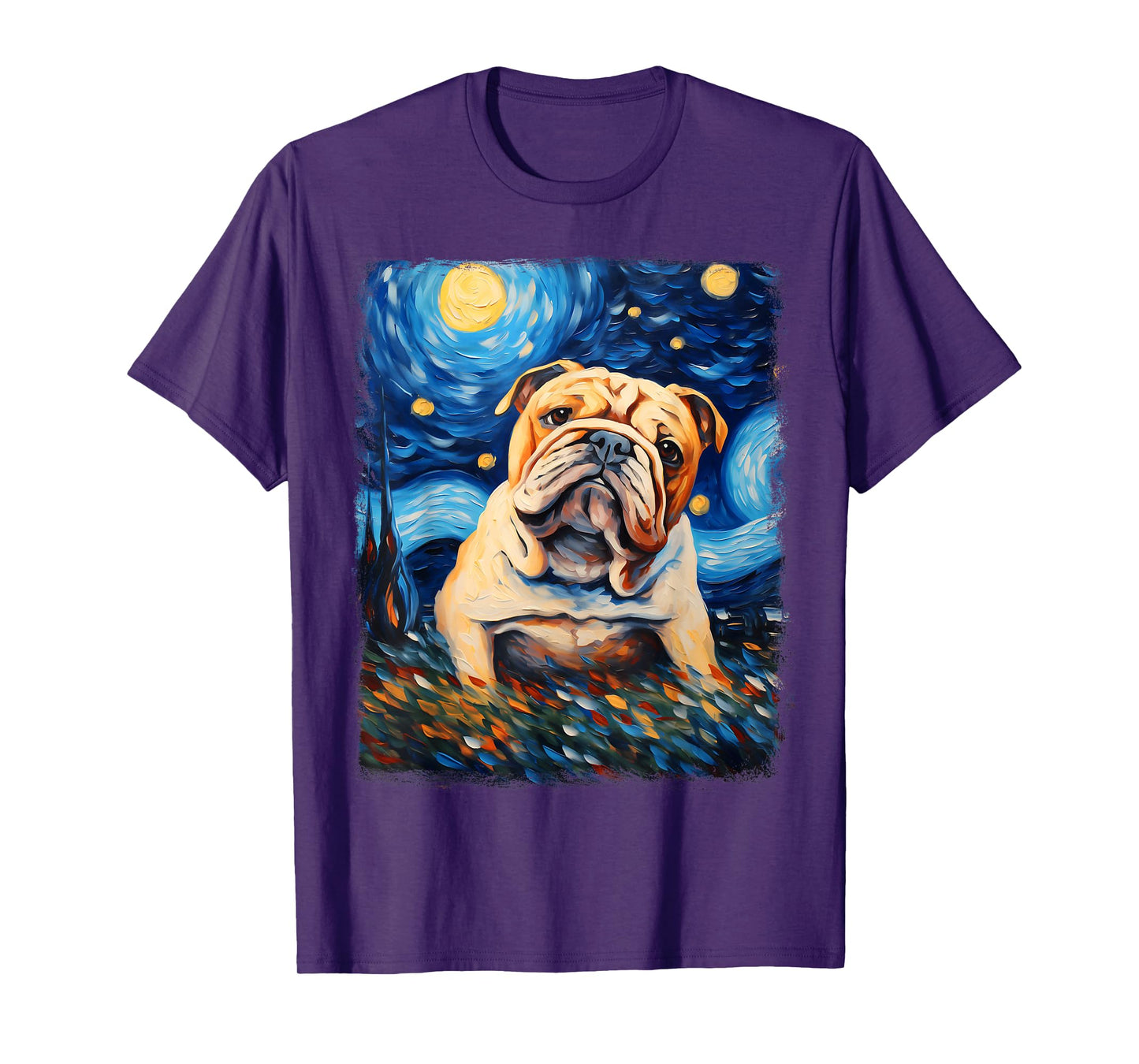 Bulldog Dog Starry Night Painting T-Shirt