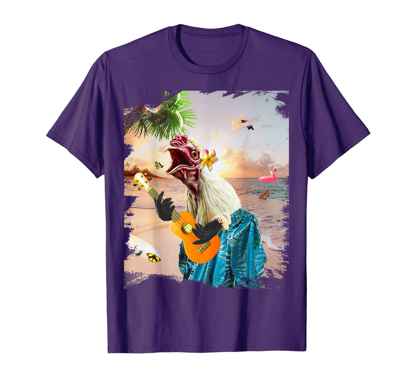 Aloha Hawaiian Chicken Playing Ukulele Beach Funny T-Shirt