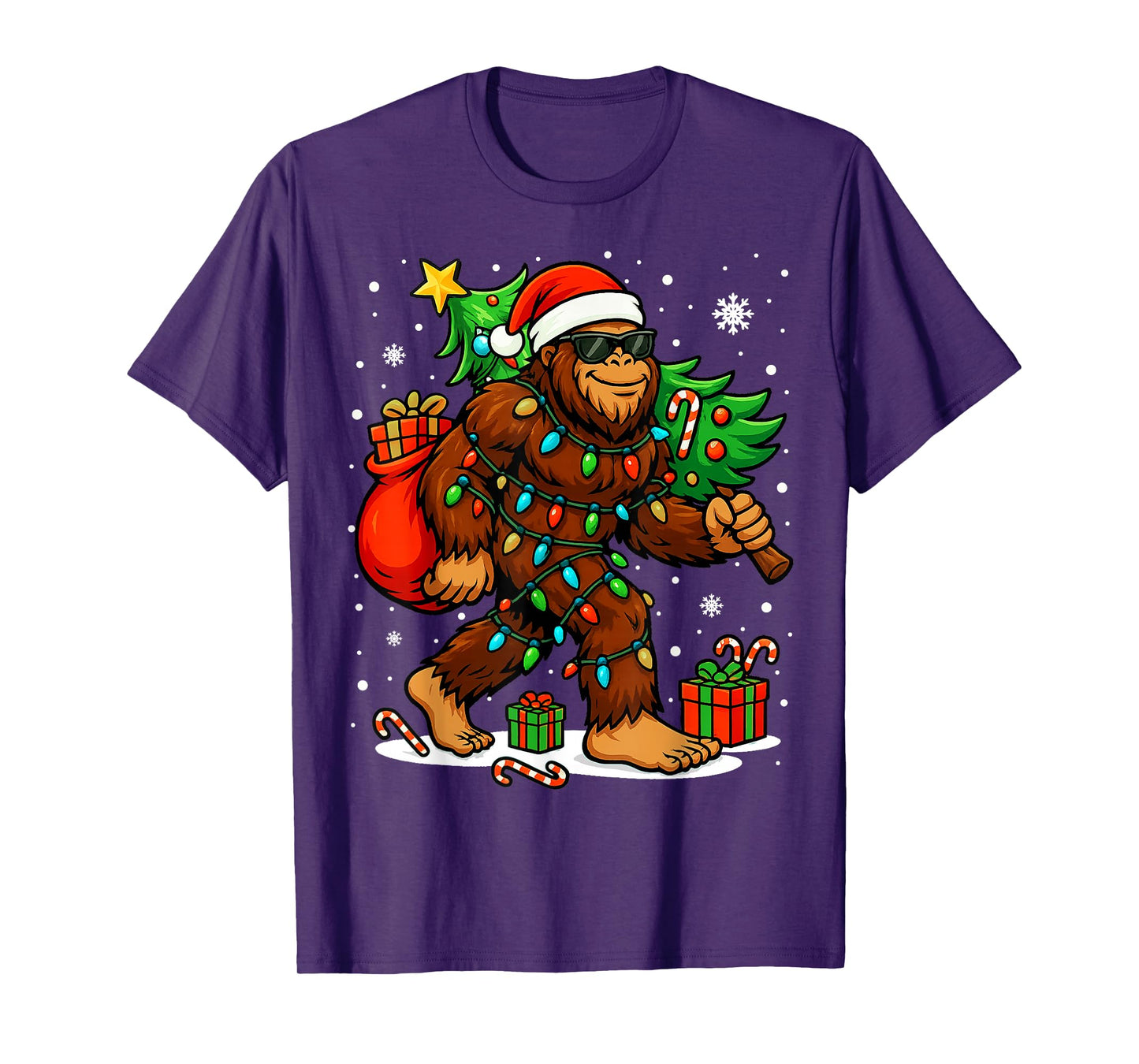 Santa Bigfoot Christmas Tree Xmas Lights Funny Sasquatch T-Shirt