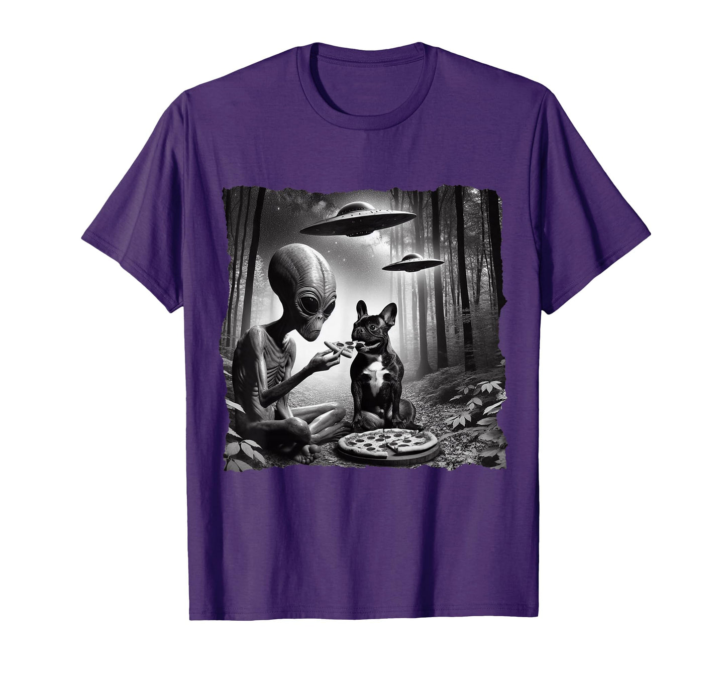 French Bulldog With Alien Eating Pizza. UFO French Bulldog Men Women Kids T-Shirt