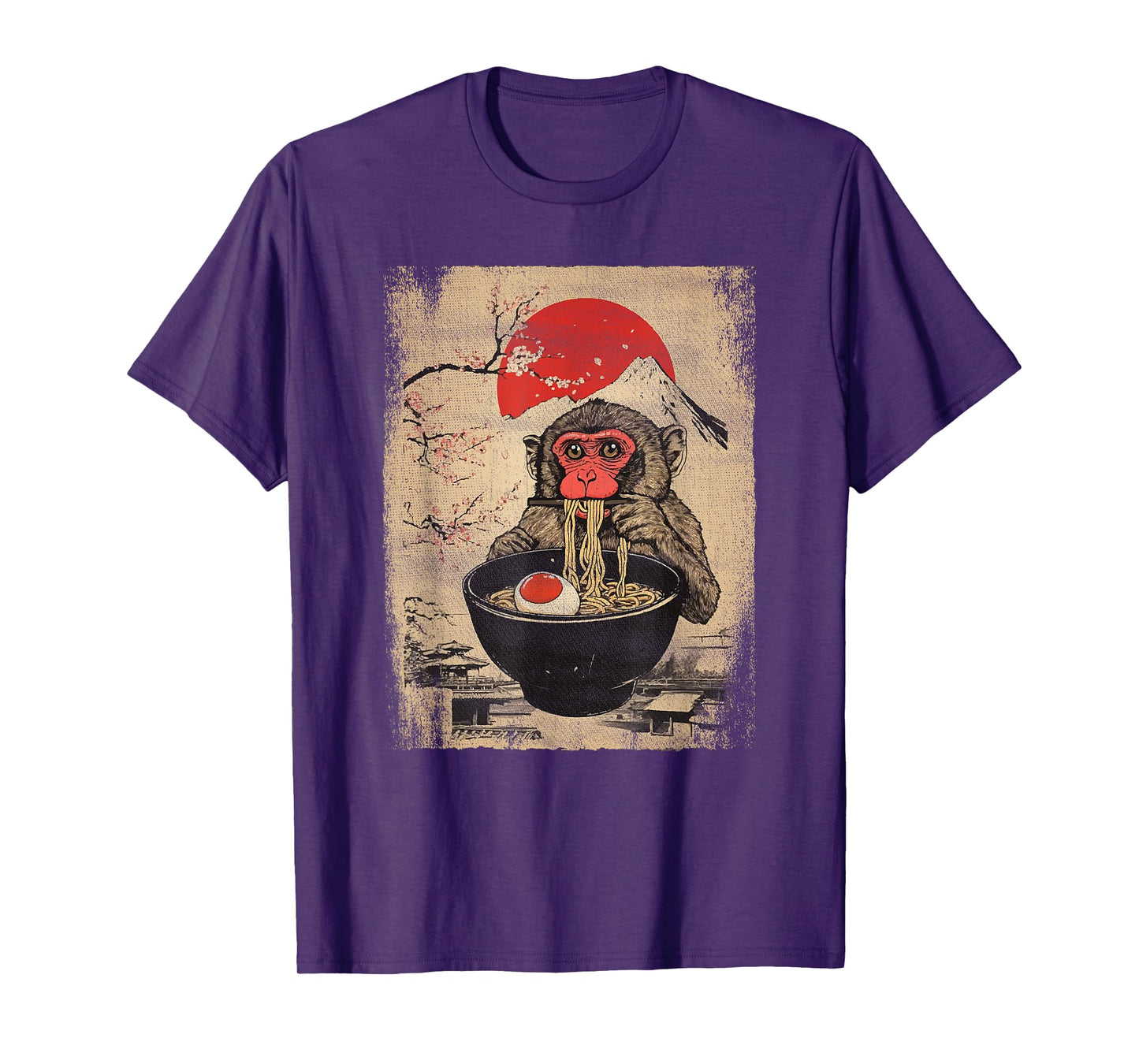 Japanese Woodblock Graphic Macaque Eating Ramen Monkey Lover T-Shirt