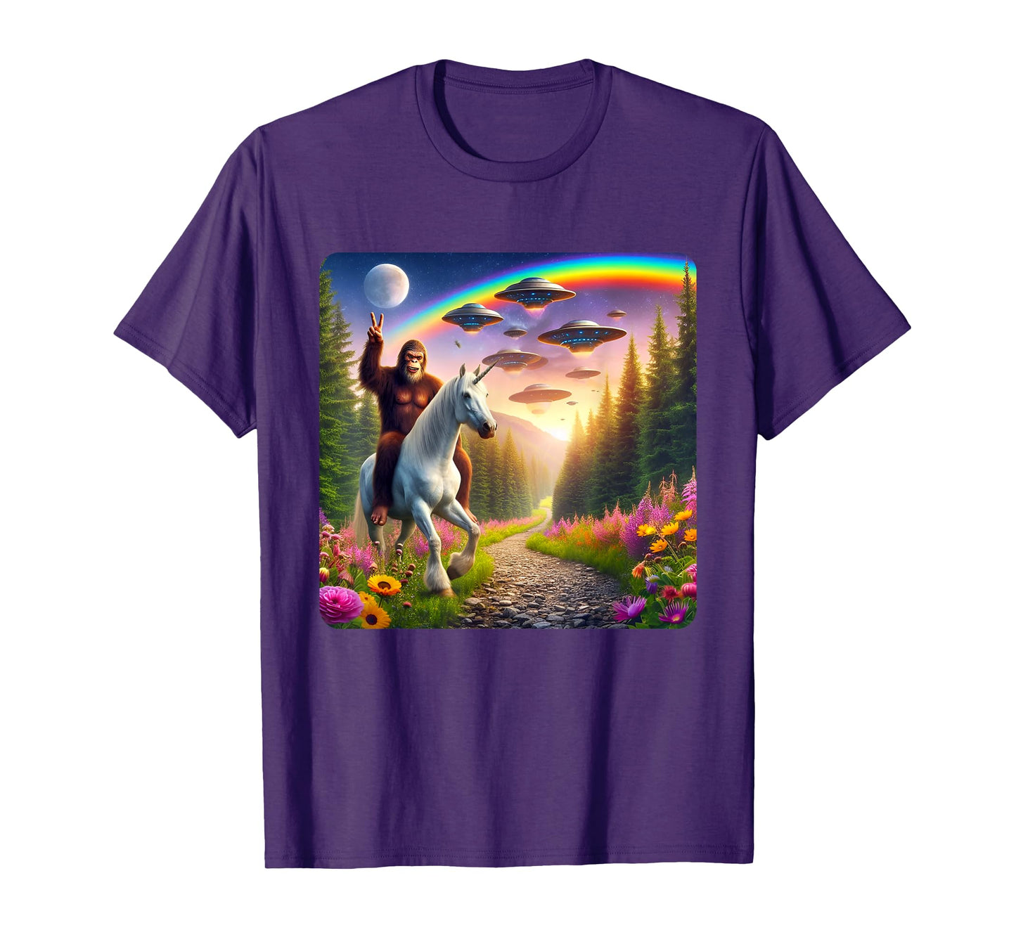Bigfoot Riding Unicorn Funny Bigfoot Unicorn Selfie UFO T-Shirt
