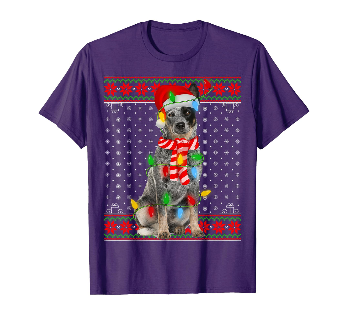 Ugly Xmas Dog Lights Santa Hat Blue Heeler Dog Christmas Men Women Girls Kids T-Shirt