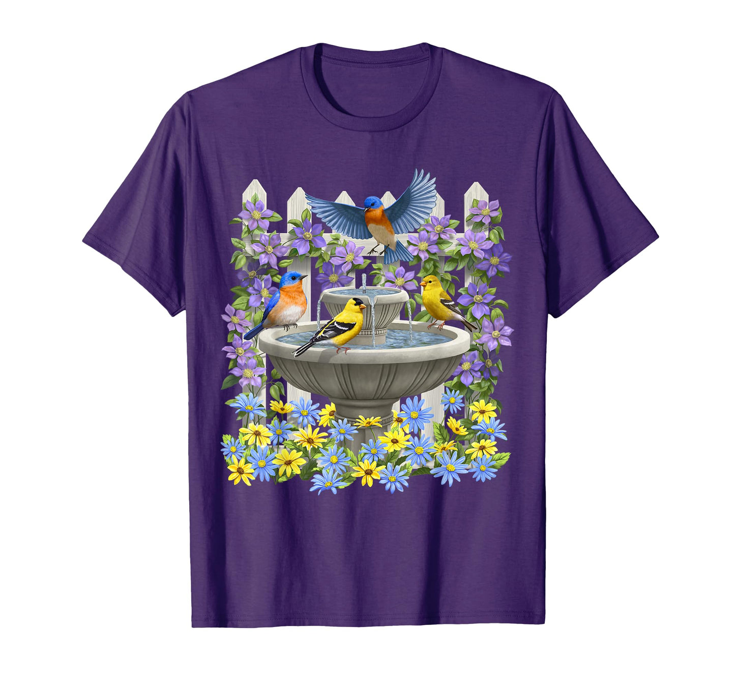 Bluebirds Goldfinches & Bird Bath Flower Garden T-Shirt