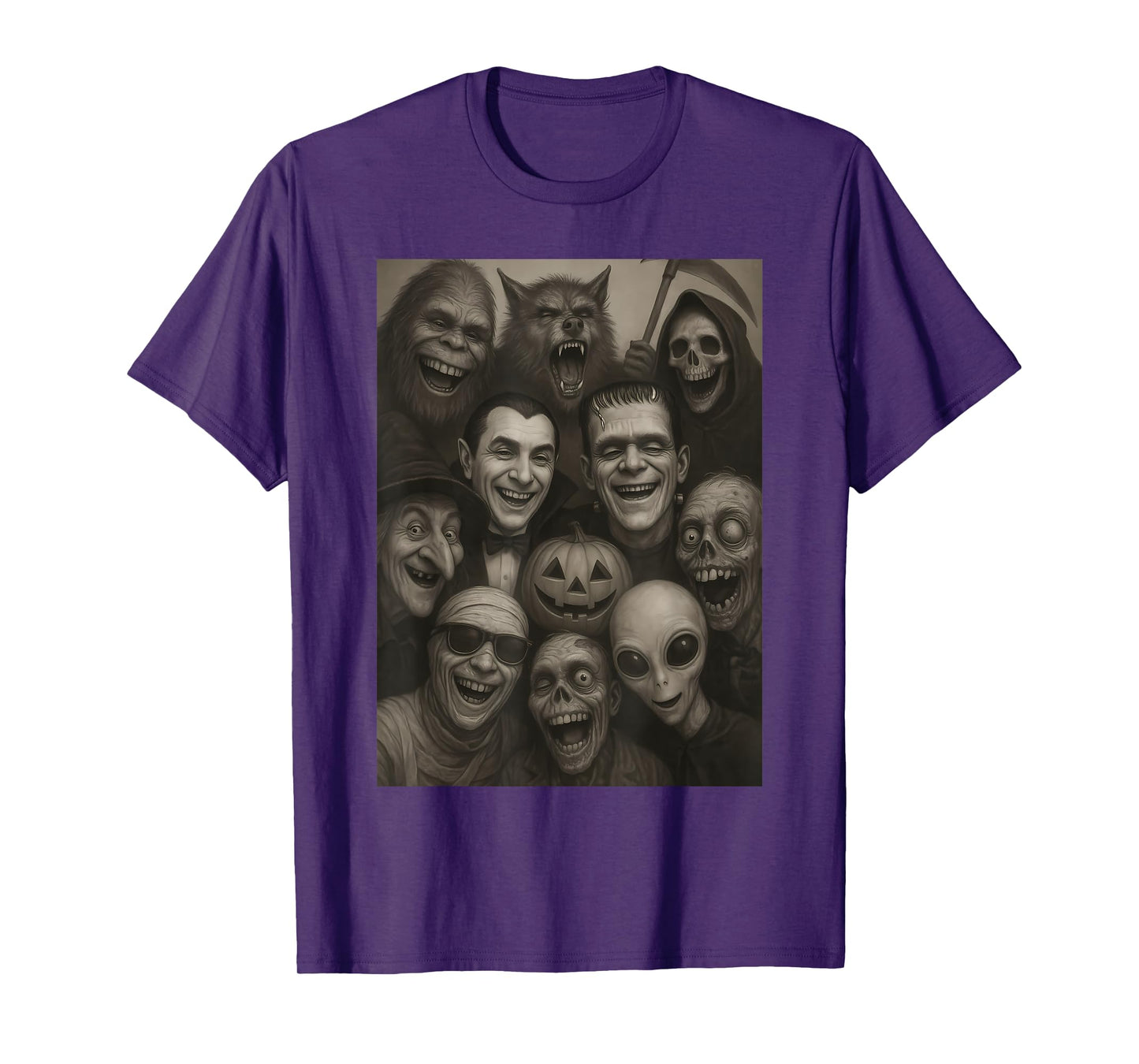 Halloween Bigfoot Alien Dracula Frankenstein Monster Selfie T-Shirt