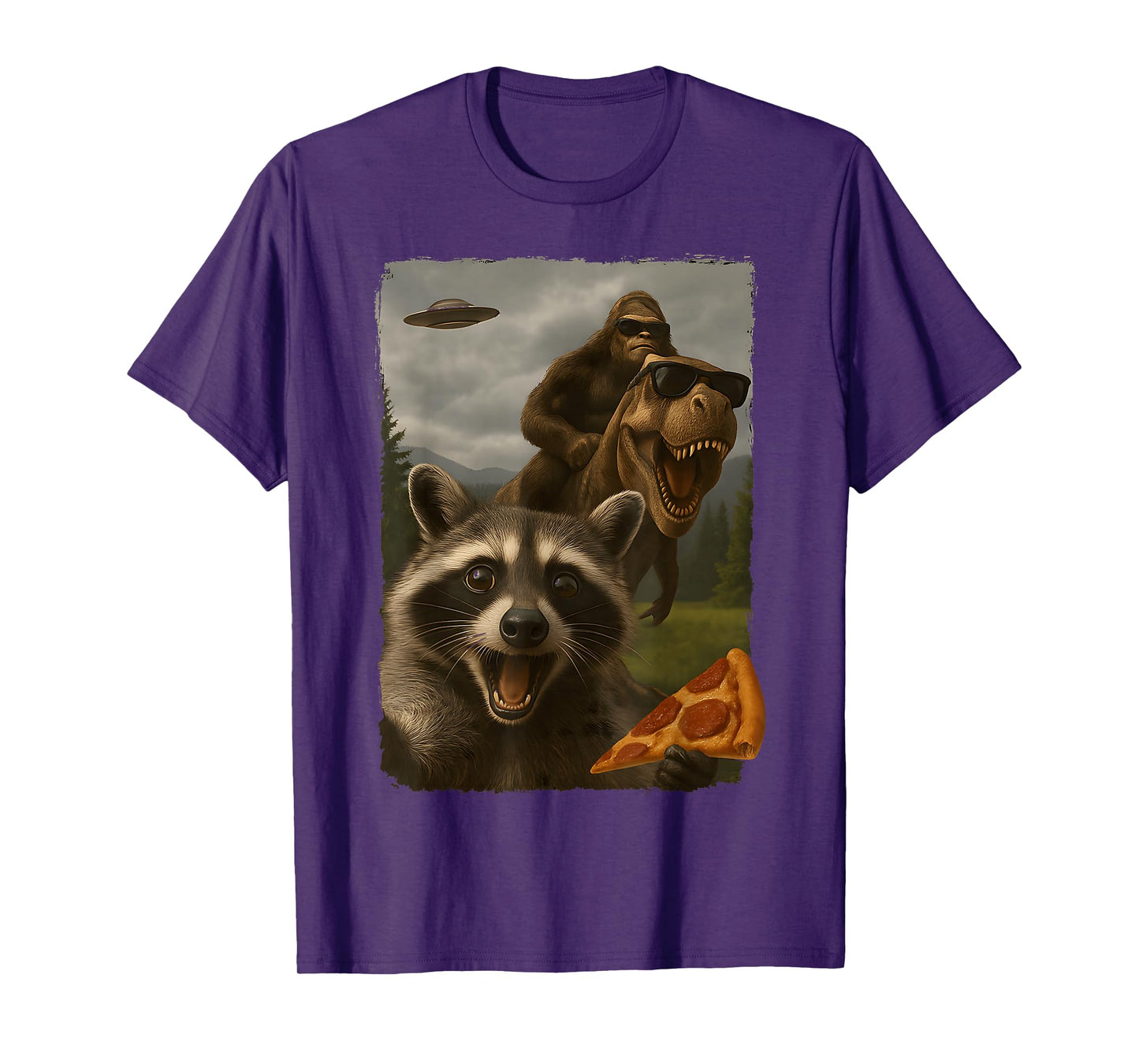 Funny Raccoon Selfie Bigfoot Sasquatch Riding T-Rex UFO T-Shirt