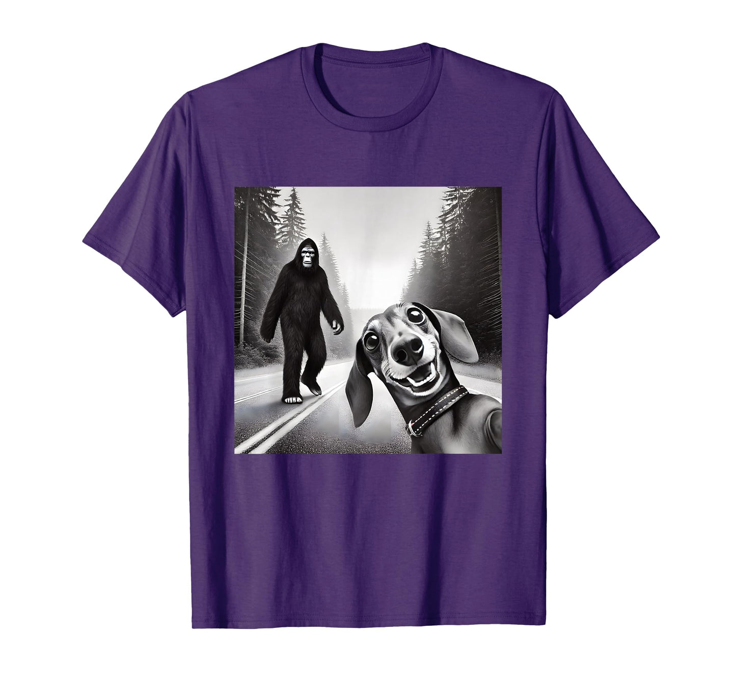 Comical Dachshund Encounters Mythical Creatures Unisex T-Shirt - Bigfoot And Dachshund On Road - Black - Small - Short Sleeve