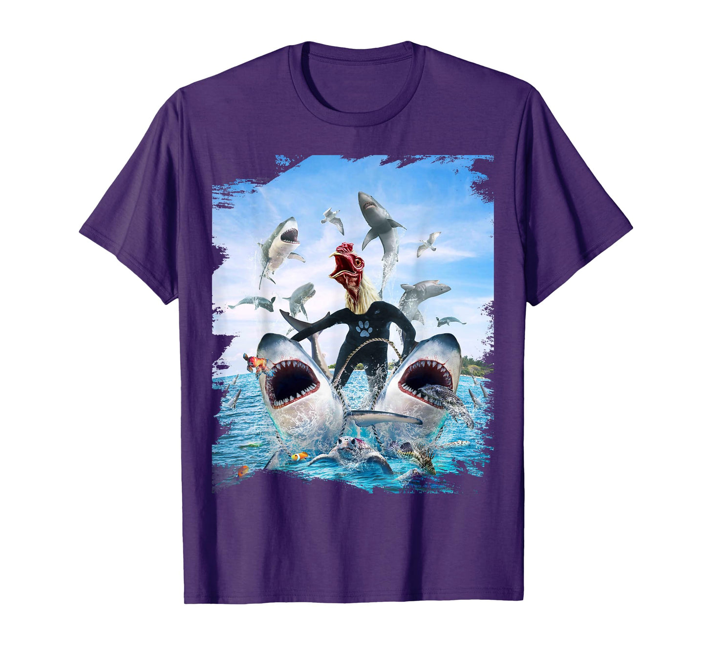 Chicken Riding Shark Sharks At Beach Ocean Funny T-Shirt