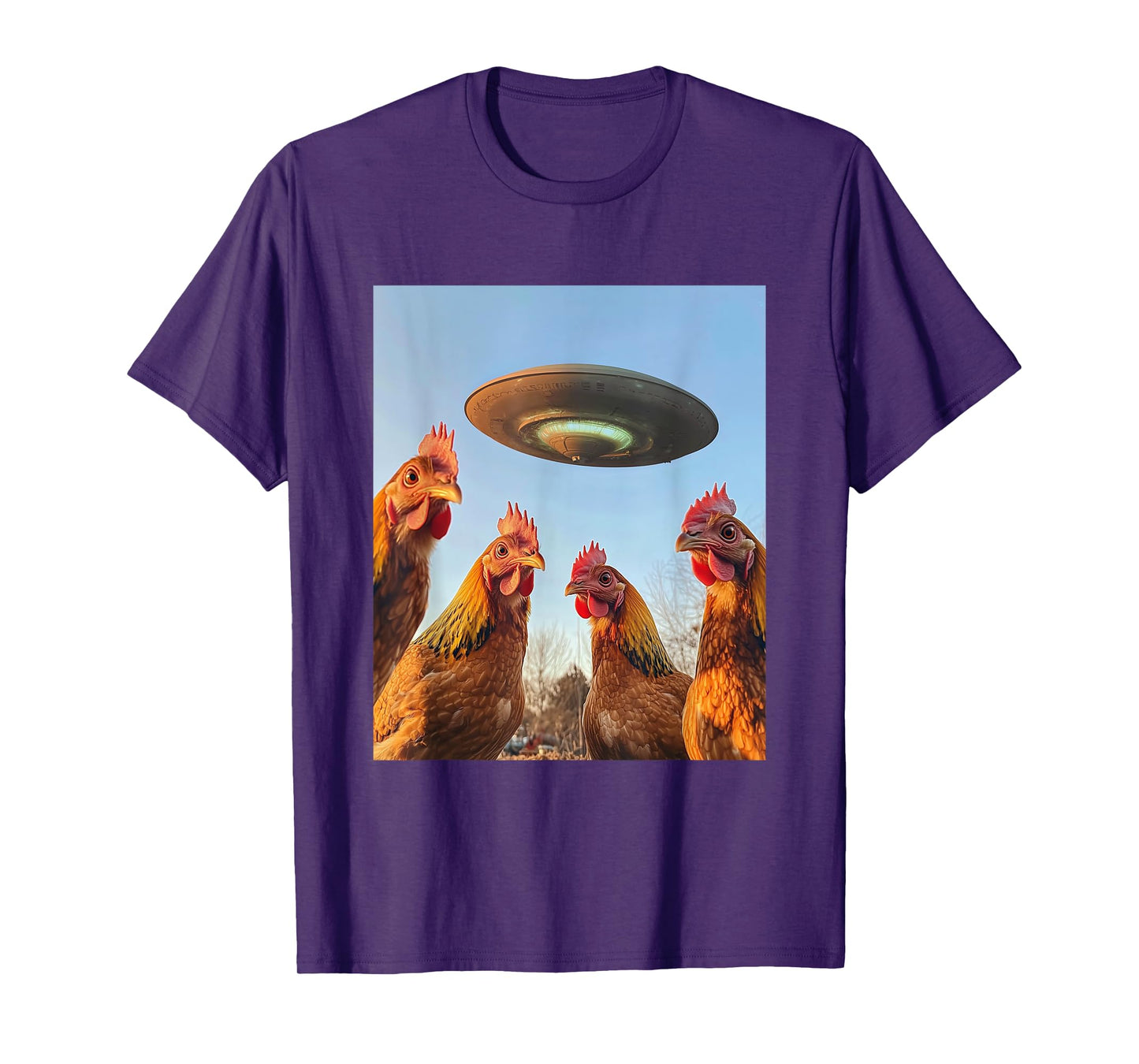 Chicken Selfie with UFOs Aliens Funny Graphic T-Shirt
