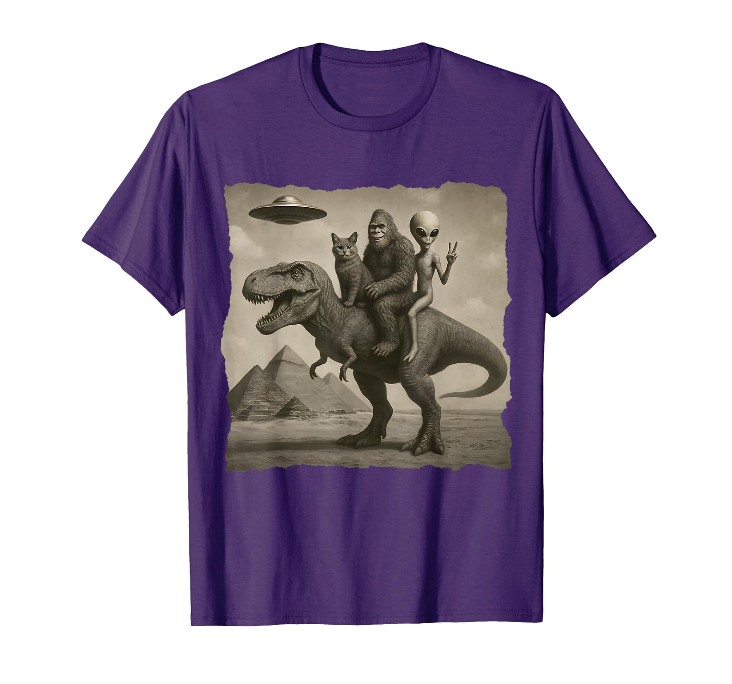 Funny Cat Alien and Bigfoot Riding Dinosaur T-Rex. UFO Lover T-Shirt