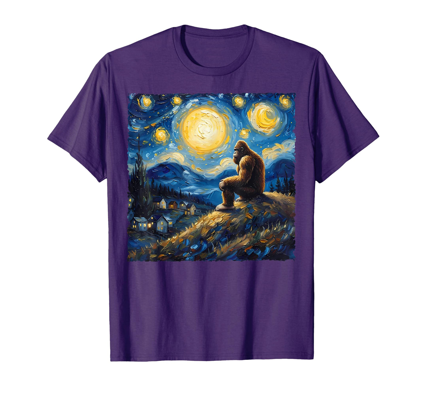 Van Gogh Style Funny Bigfoot Lover Starry Night Painting T-Shirt