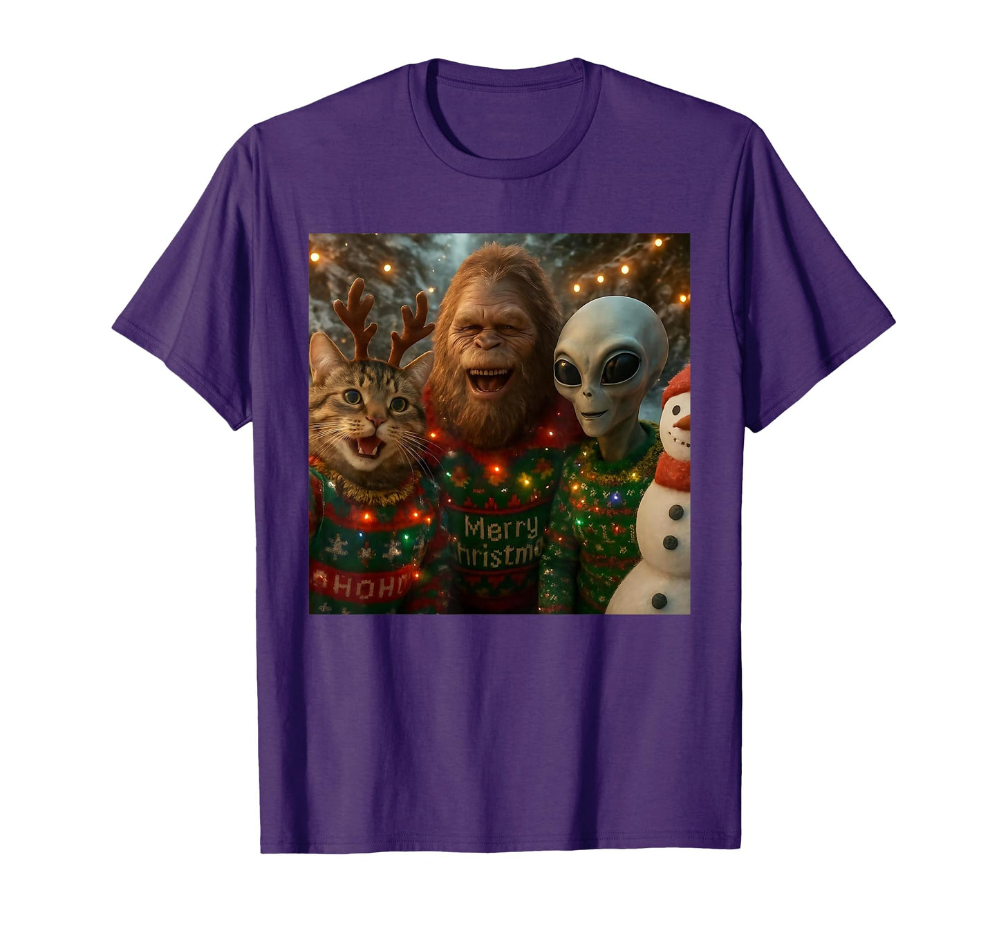 Funny Christmas Cat Selfie with Bigfoot Alien Ugly Sweater T-Shirt