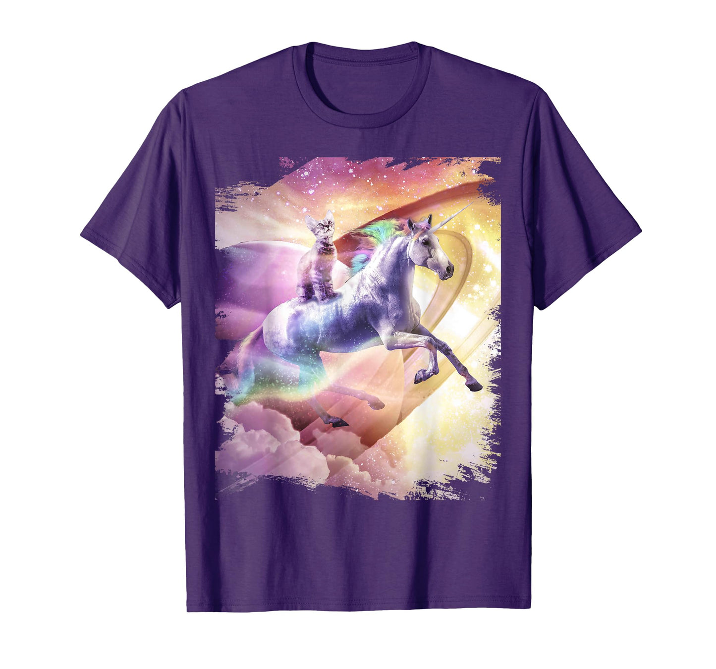 Rainbow Galaxy Cat Riding Unicorn in Space T-Shirt for Men Women Girls Kids