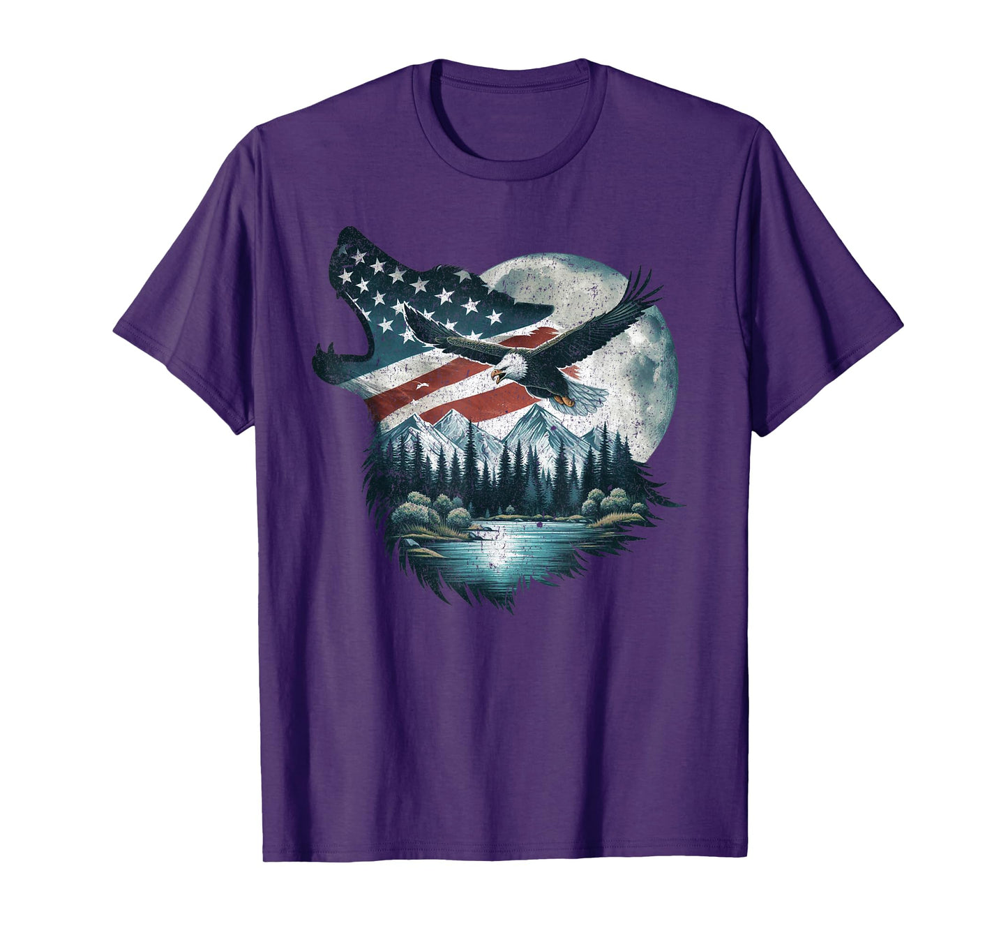 Bald Eagle Wolf US Flag 4th Of July Patriotic Man Woman T-Shirt