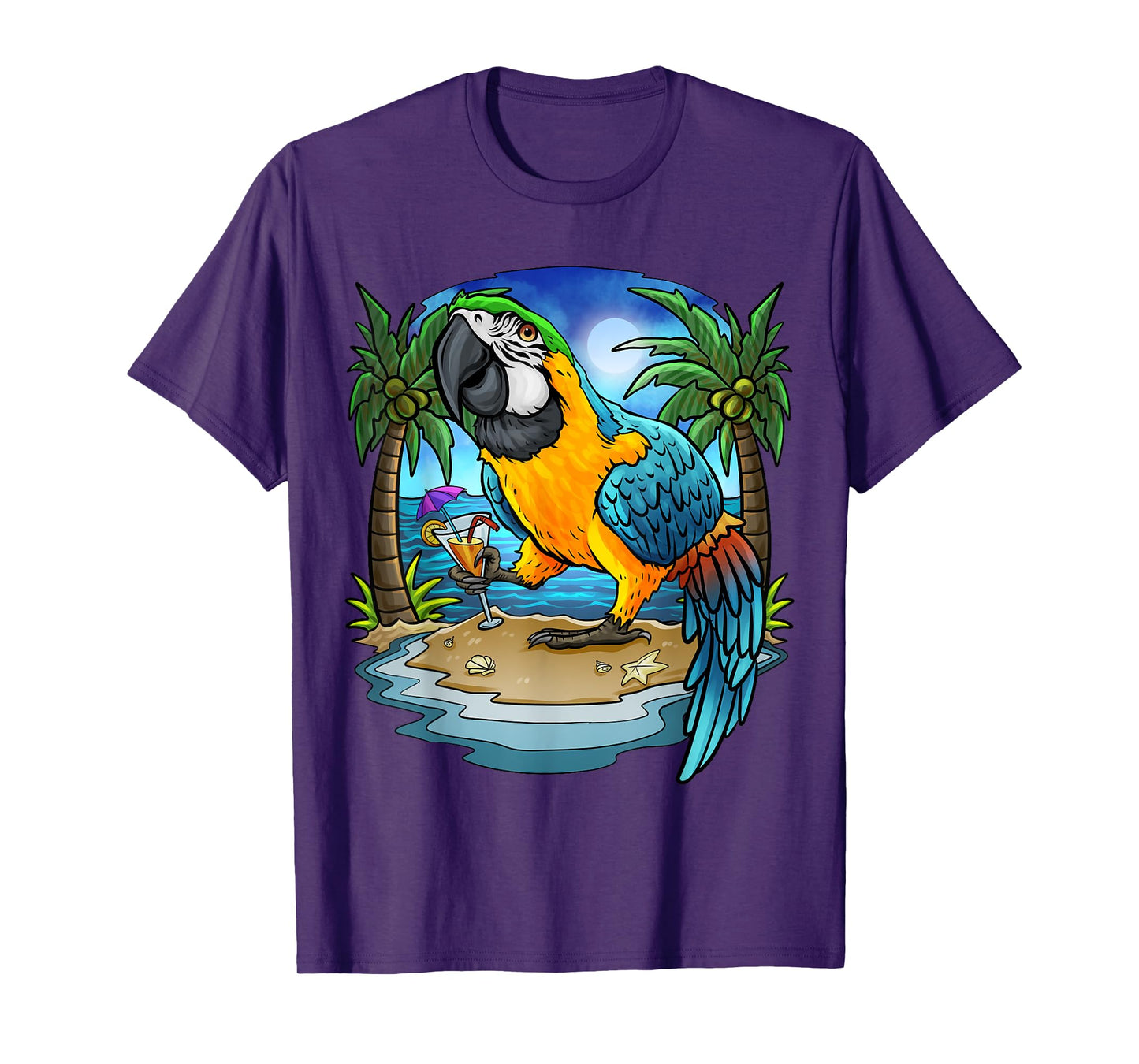 Blue and Gold Macaw Parrot Drinking Margaritas Vacation Bird T-Shirt