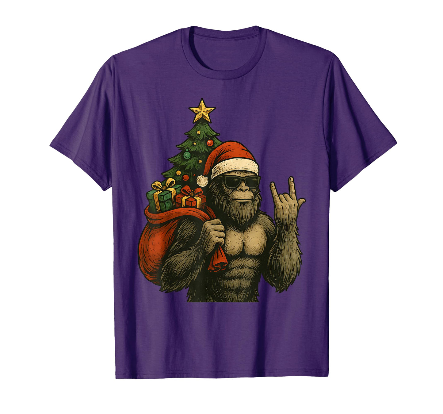 Bigfoot Santa Christmas Tree Rock On Funny Xmas Sasquatch T-Shirt