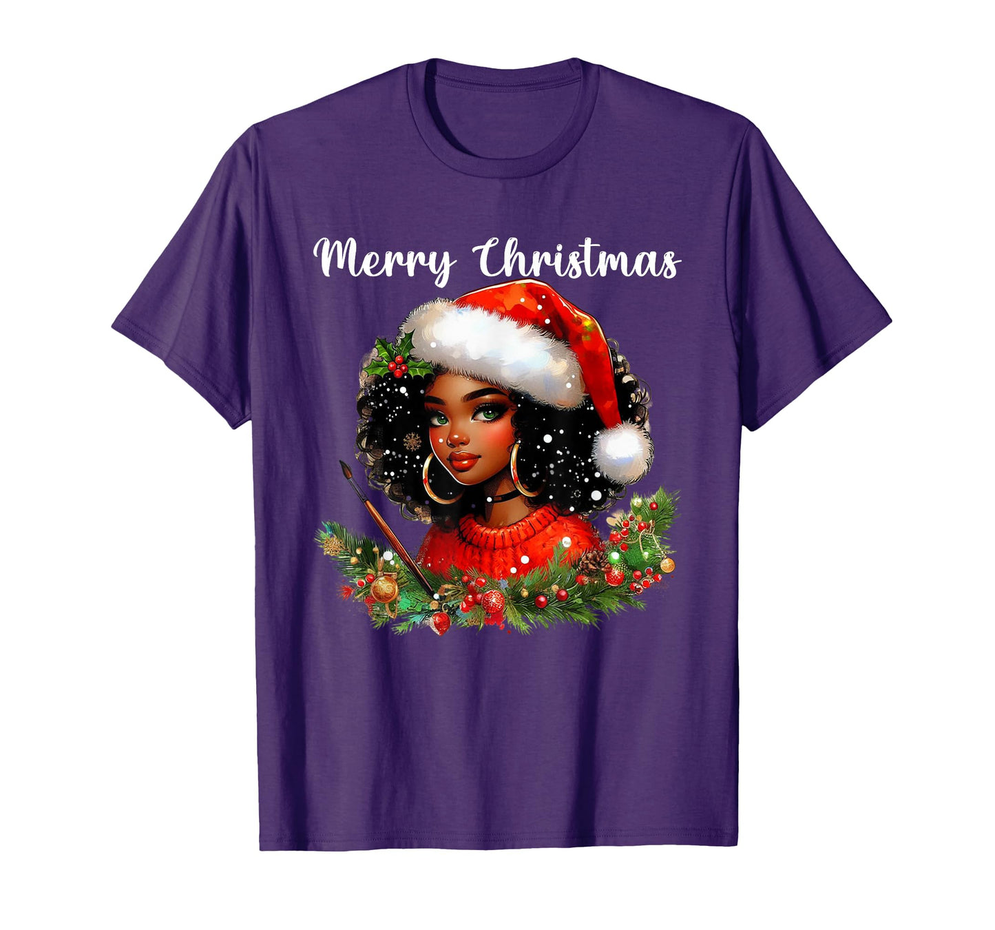 Black African Girl Merry Christmas American Melanin Santa T-Shirt