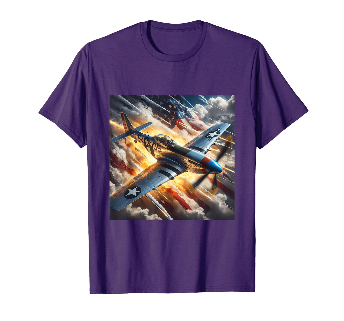 WWII Warbirds | P-51 Mustang in Dynamic Sky US Flag T-Shirt