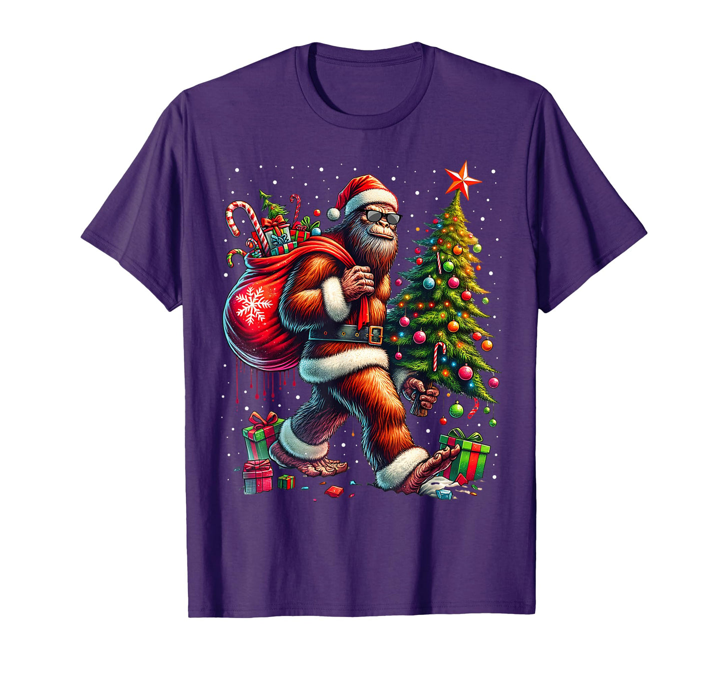 Santa Bigfoot Christmas Tree Xmas Lights Funny Sasquatch T-Shirt