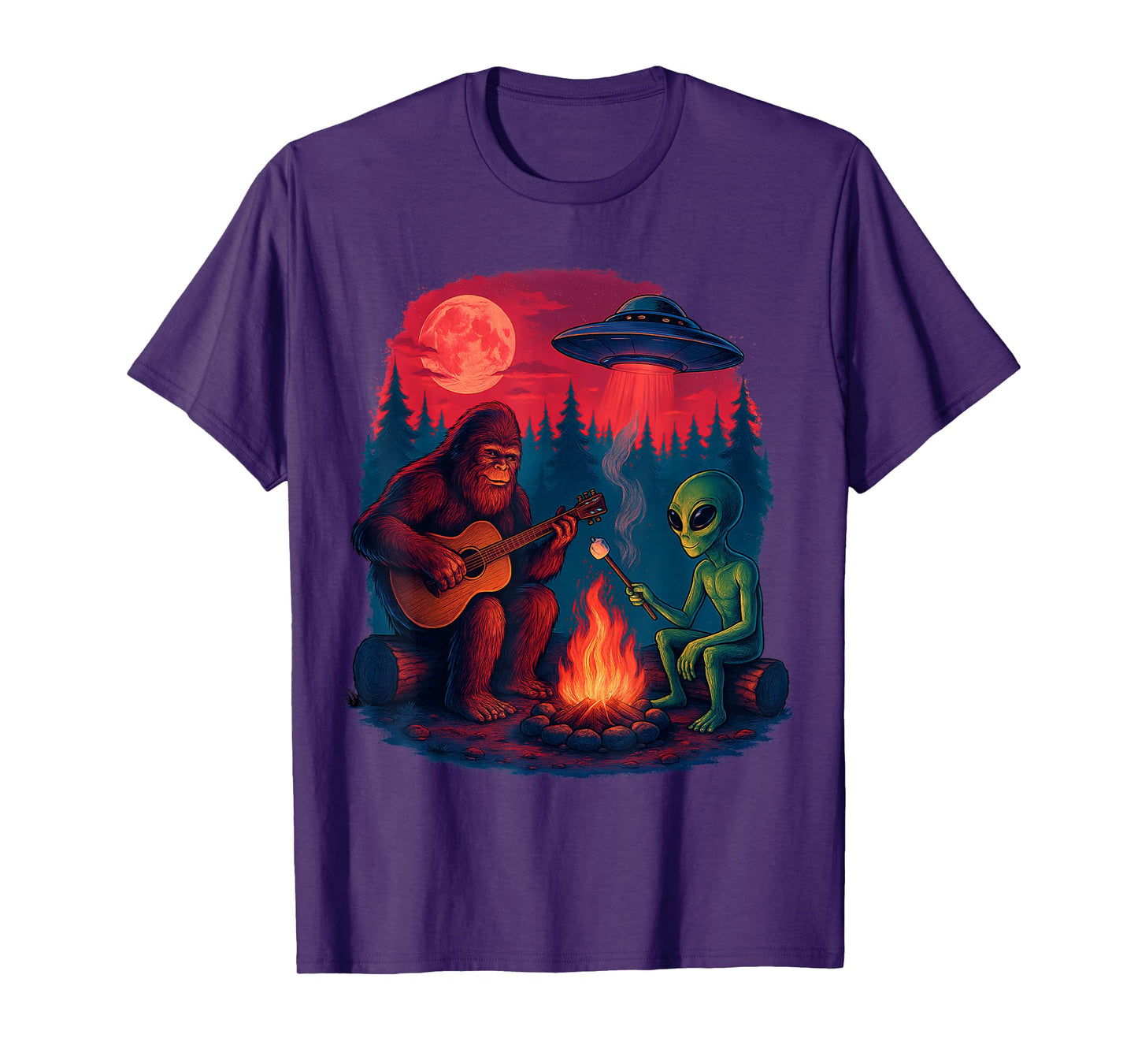Alien Bigfoot Campfire Moon UFO Sasquatch Adventure Hiking T-Shirt