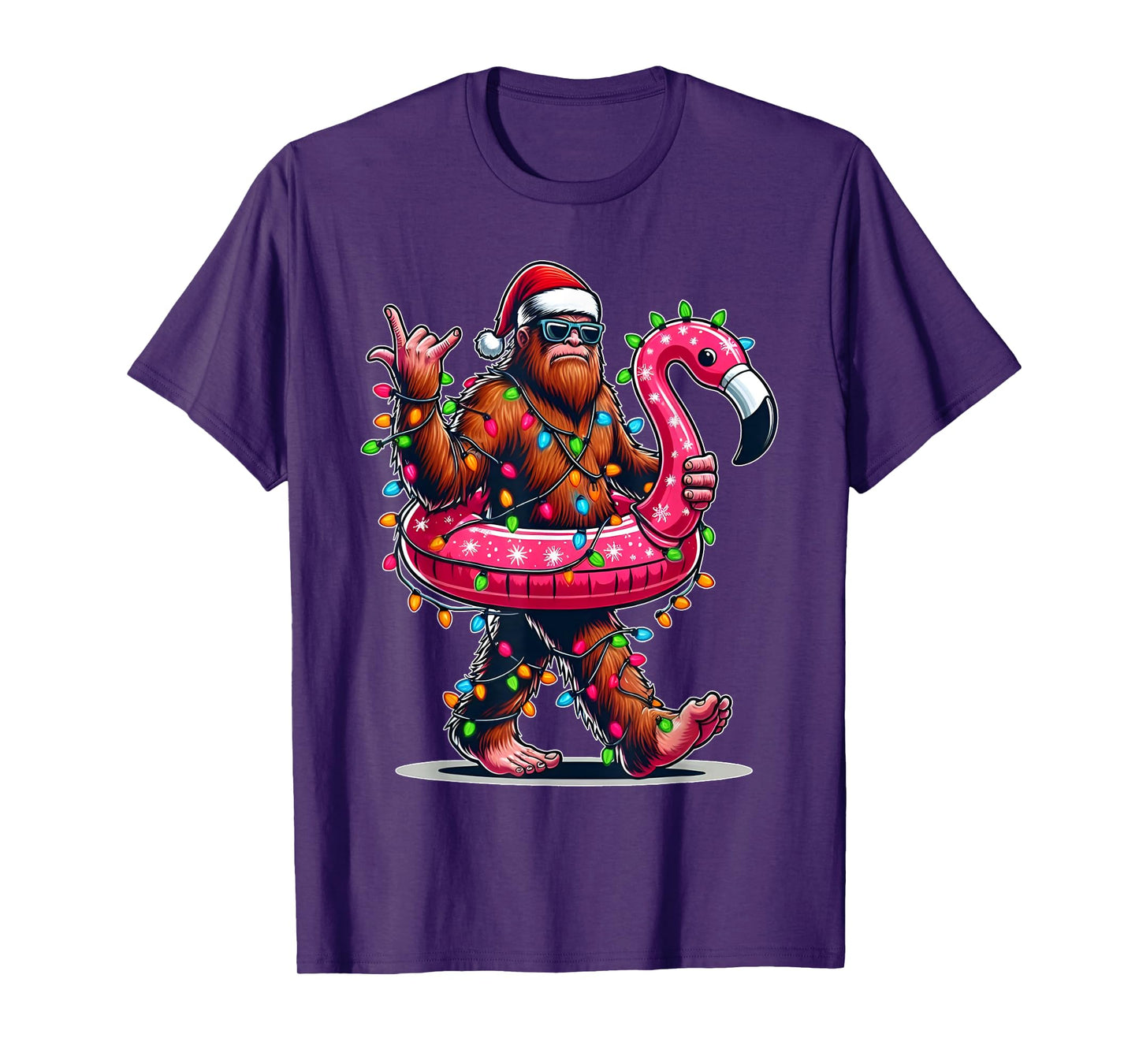 Santa Bigfoot Flamingo Christmas Light Funny Rock Sasquatch T-Shirt