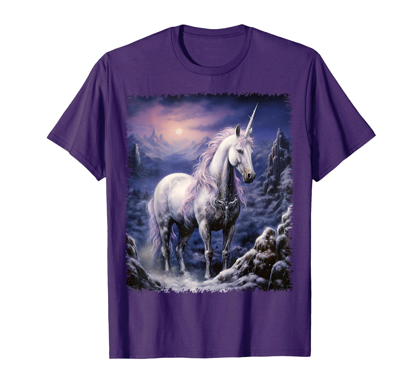Fantasy white Unicorn standing in the snowy forest T-Shirt