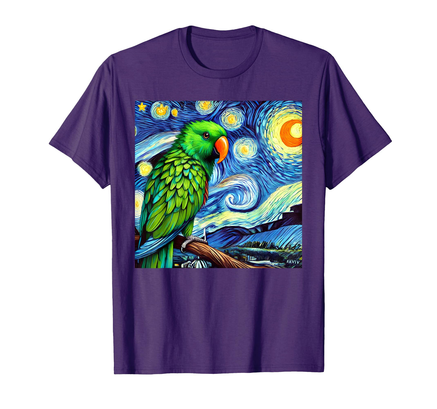 Green Eclectus Parrot Bird Starry Night Sky Art Van Gogh T-Shirt