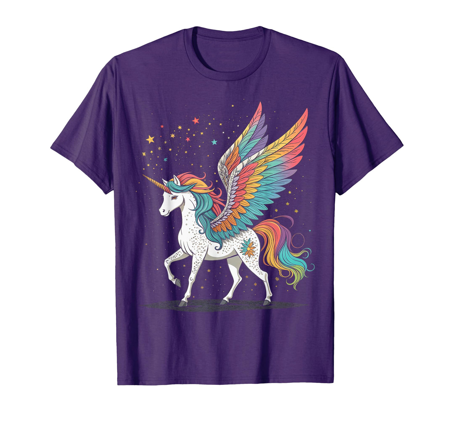 Magical Rainbow Unicorn with Wings Black Background Art T-Shirt