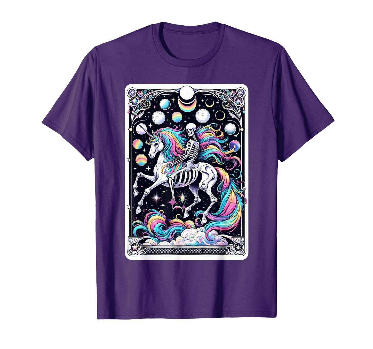 Skeleton Riding Unicorn Tarot Card Celestial Fantasy Art T-Shirt