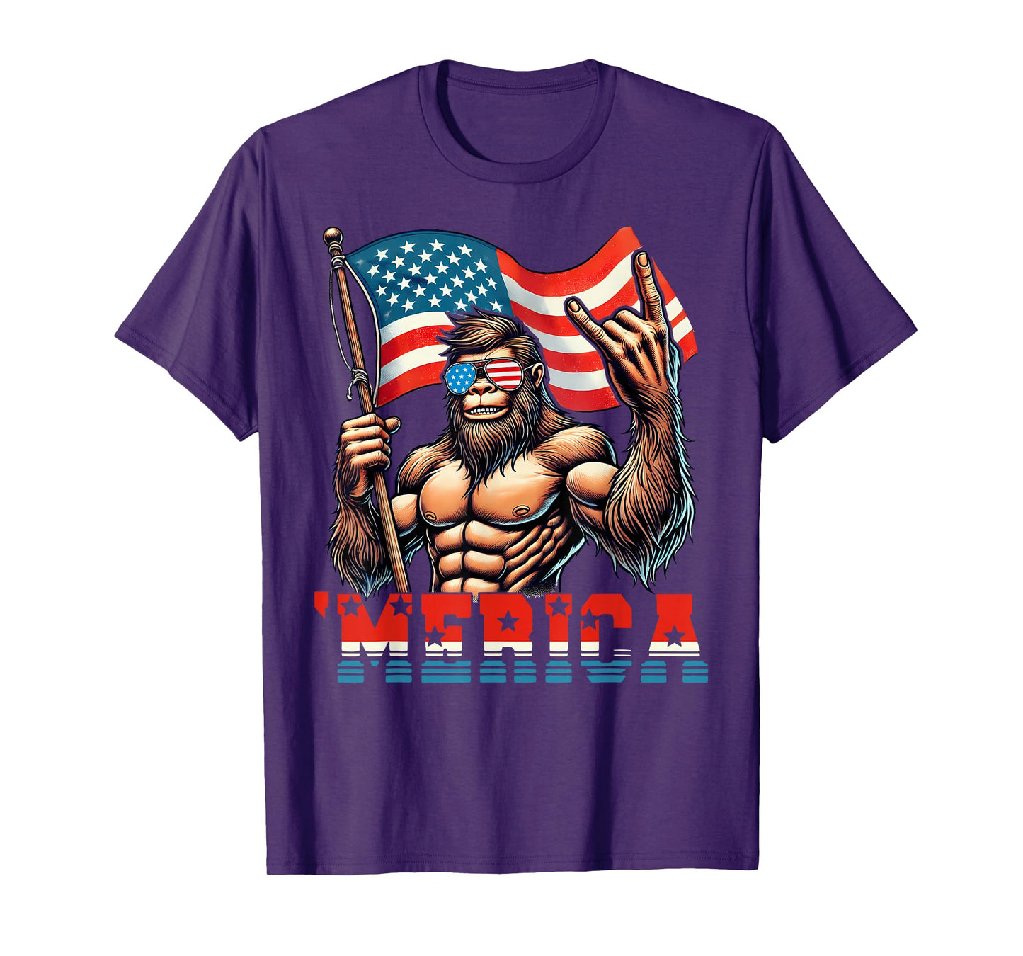 Bigfoot Merica Rock American Flag Patriotic 4th Of July T-Shirt