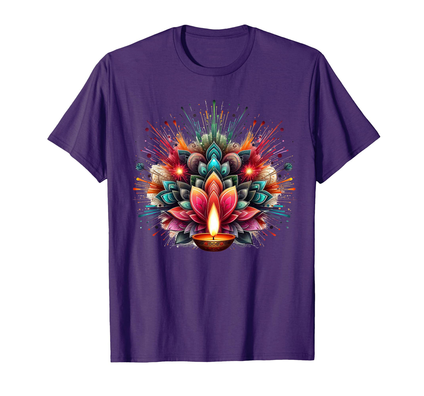 PV Mata Diwali Diya Explosion of Colors Unisex-Adults T-Shirt, Black, Small, Short Sleeve