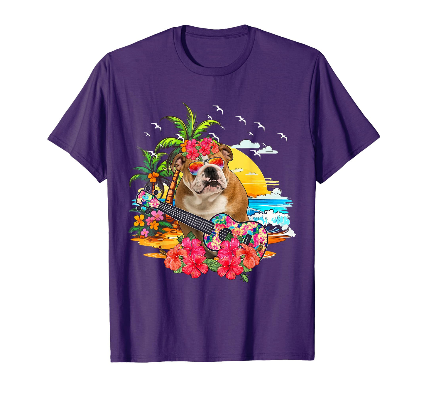 Hawaiian Floral Bulldog Sunglasses Playing Guitar On Beach T-Shirt