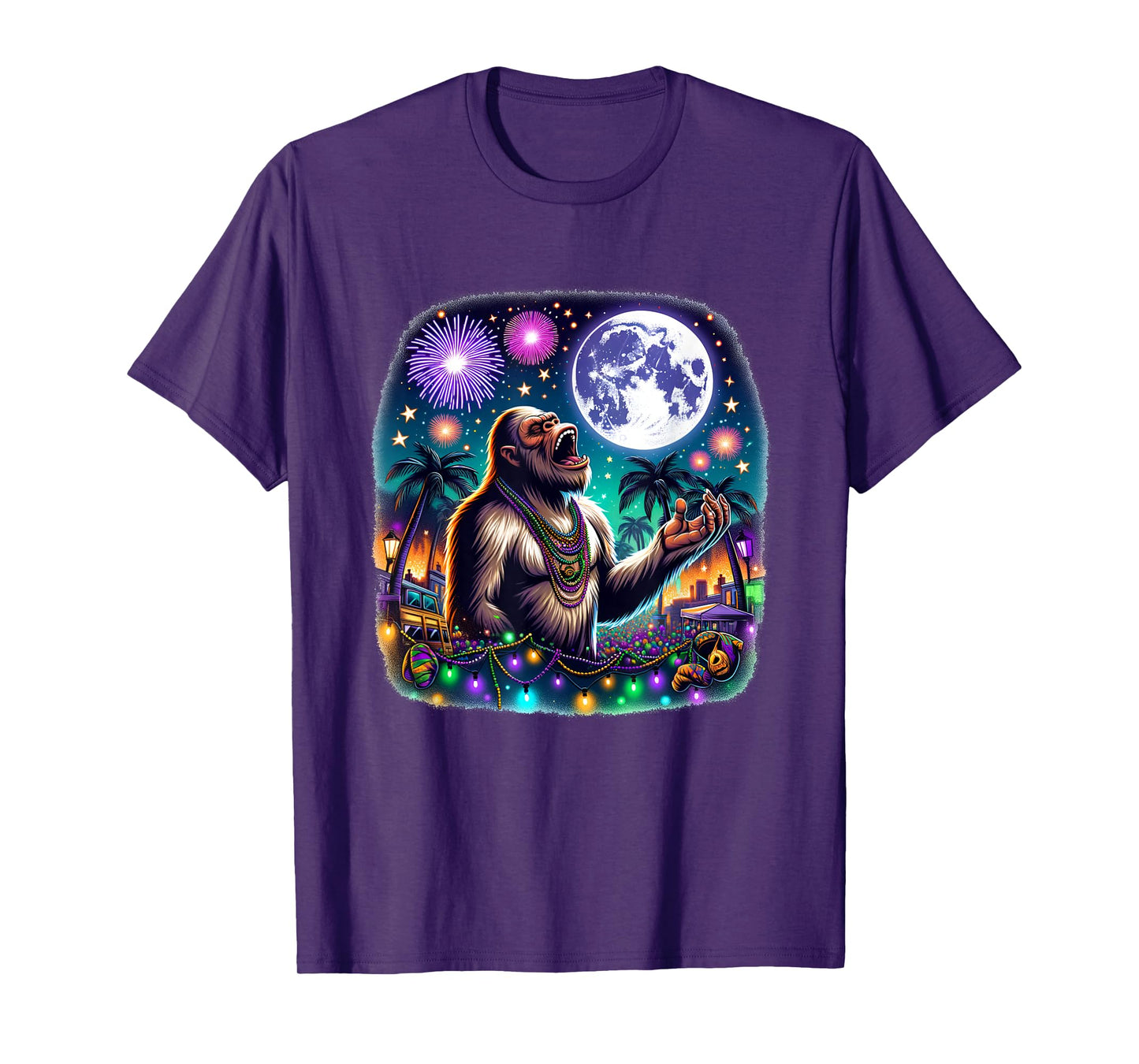 Bigfoot Meets Moon Over Mardi Gras New Orleans Fun T-Shirt