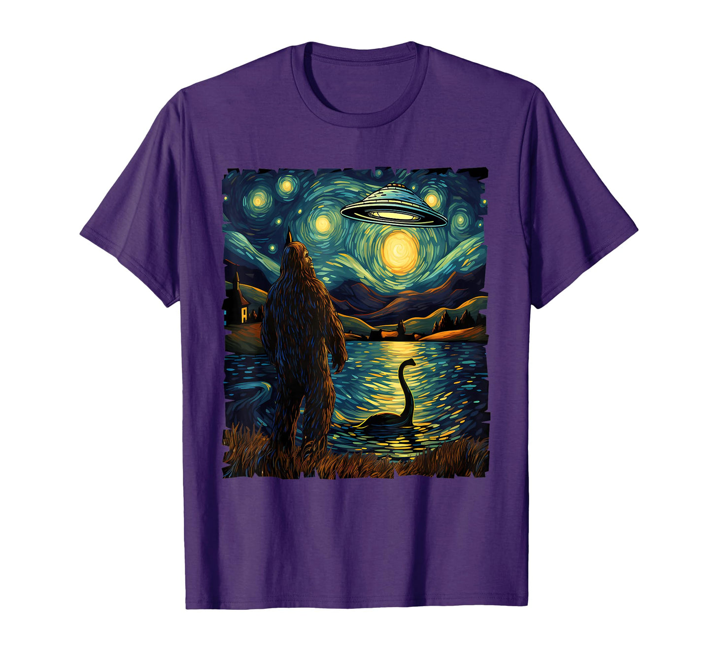 Funny Bigfoot UFO and Nessie Van Gogh Starry Night Painting T-Shirt