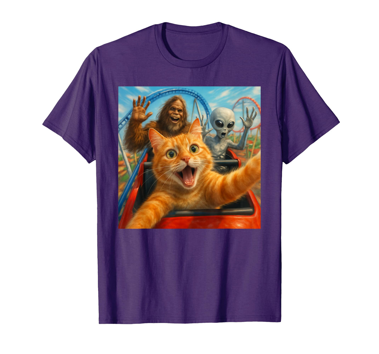 Funny Cat Selfie with Big Foot & Alien Roller Coaster Meme T-Shirt