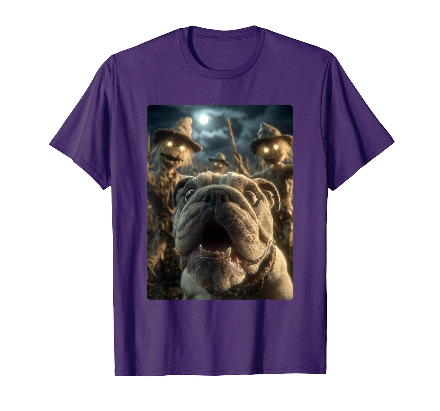 Funny Bulldog Selfie with Scarecrows Spooky Halloween Dog T-Shirt
