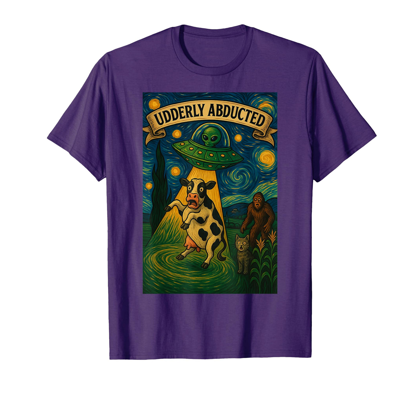Alien Cow Abduction Bigfoot UFO Van Gogh T-Shirt