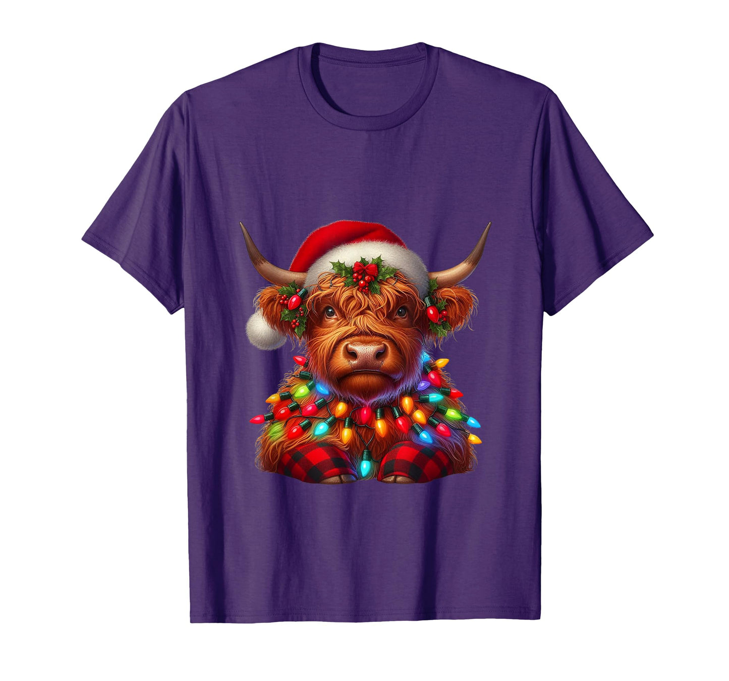 Scottish Highland Cow Christmas Santa Hat Lights Xmas Pajama T-Shirt