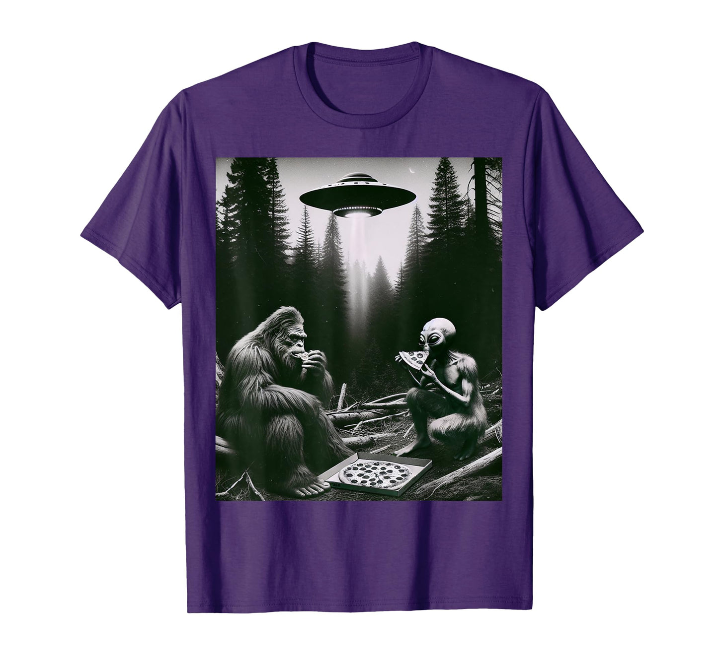 Funny Bigfoot With Alien Eating Pizza. Bigfoot And Alien UFO T-Shirt